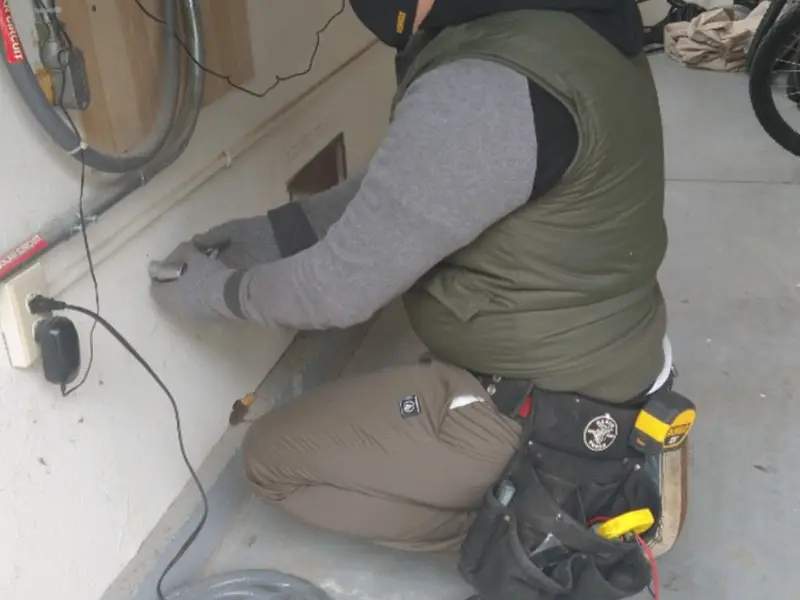 Electrician performing outlet wiring in a Treasure Island garage